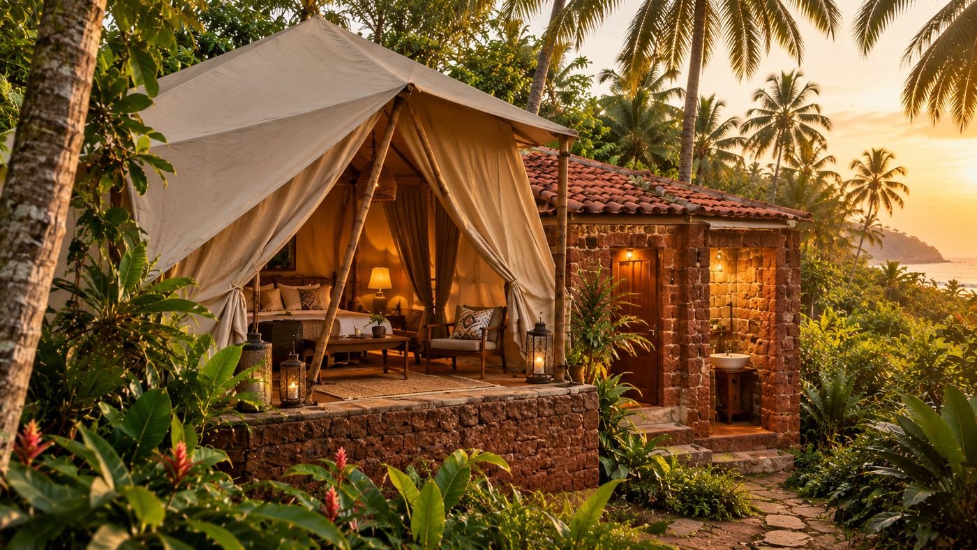 Luxury canvas tent with a laterite stone bathhouse among palms at sunset